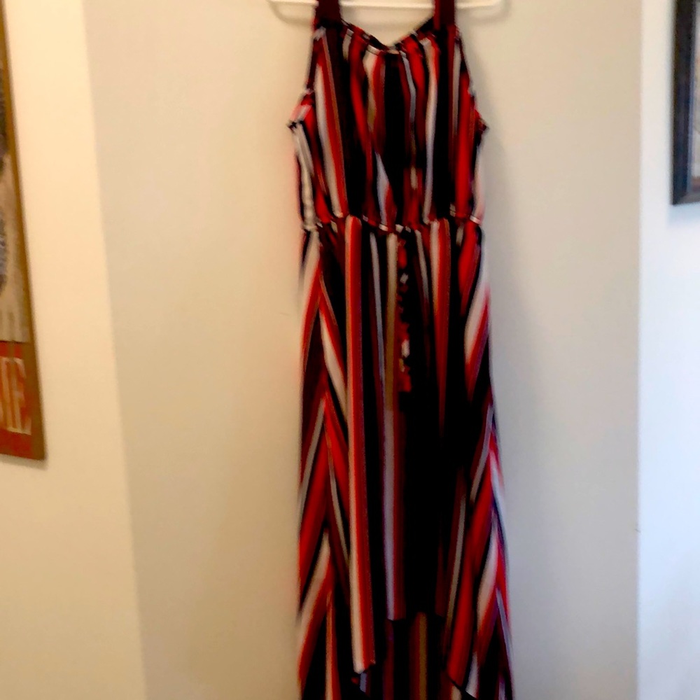 Girls Red, black and white striped dress.